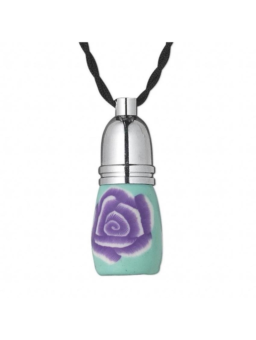 Purple Rose Aqua Blue Poly Clay Glass Little Perfume Bottle Pendant Necklace